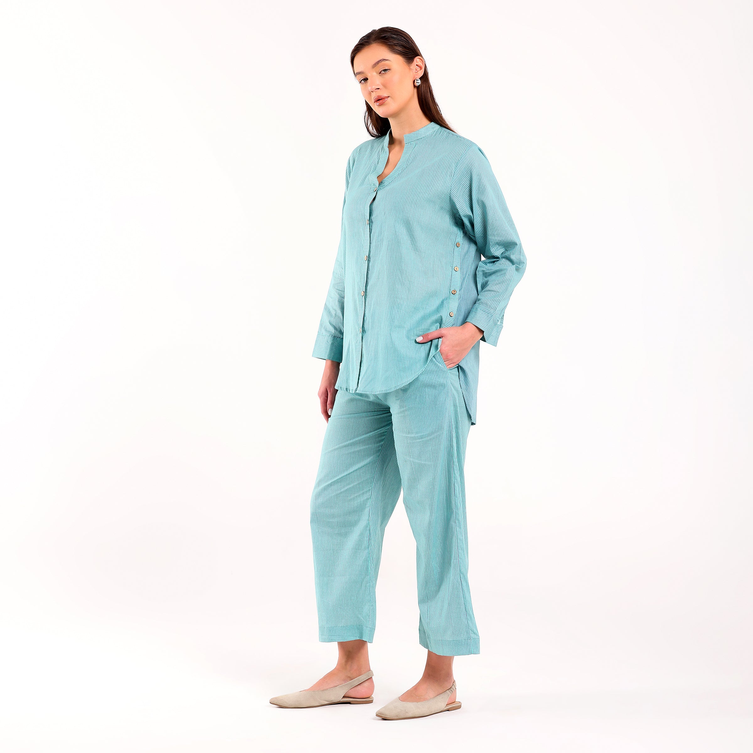 Sukoon- Side Button Coord Set Turquoise