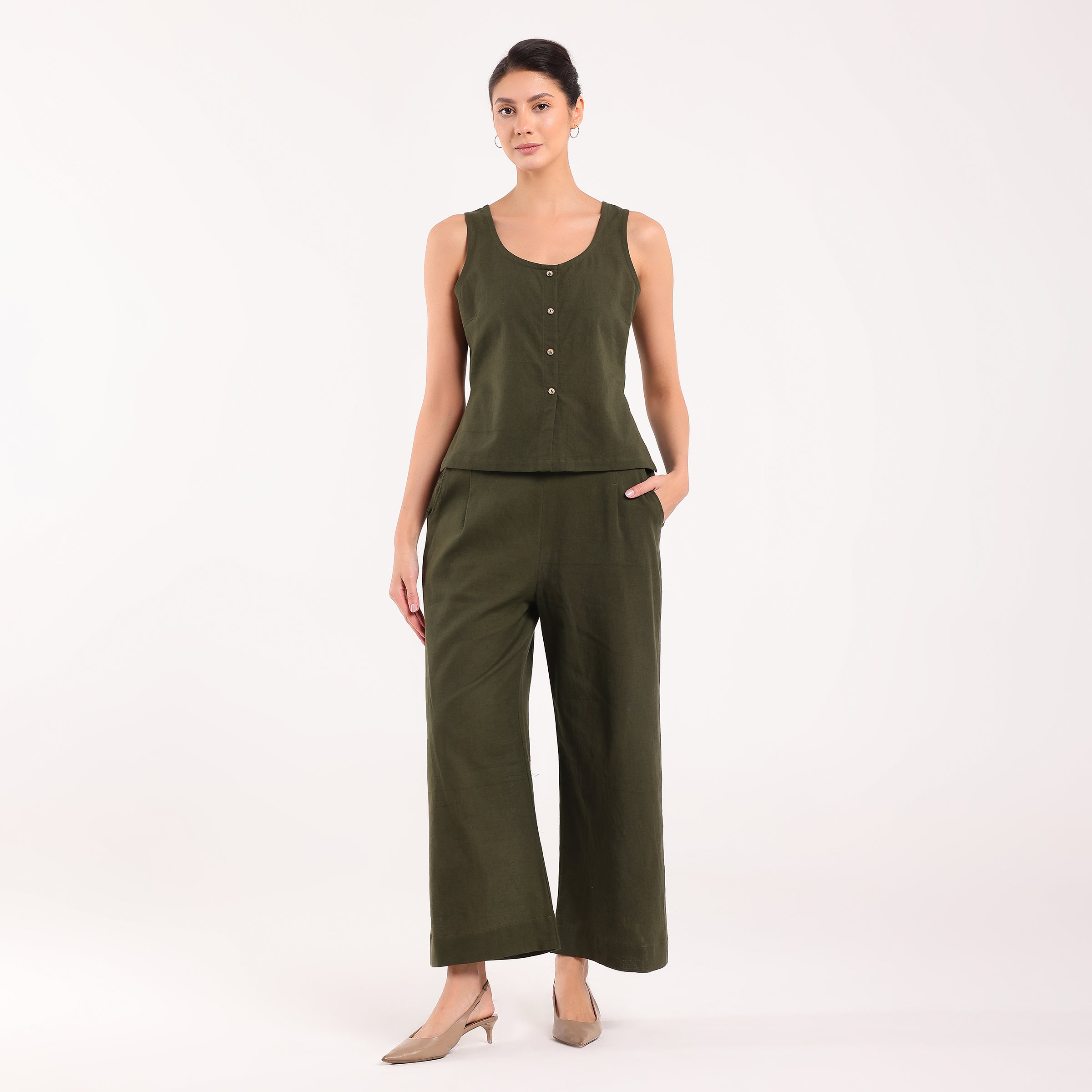 Sukoon- Linen Sleevless Coord Set Olive