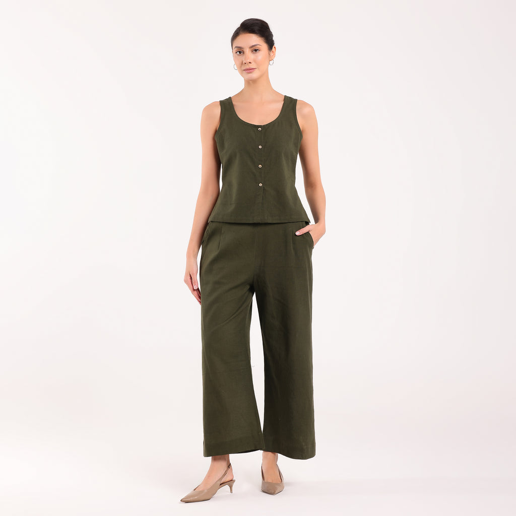 Sukoon- Linen Sleevless Coord Set Olive