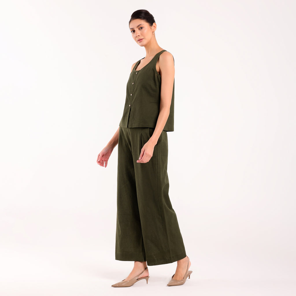 Sukoon- Linen Sleevless Coord Set Olive