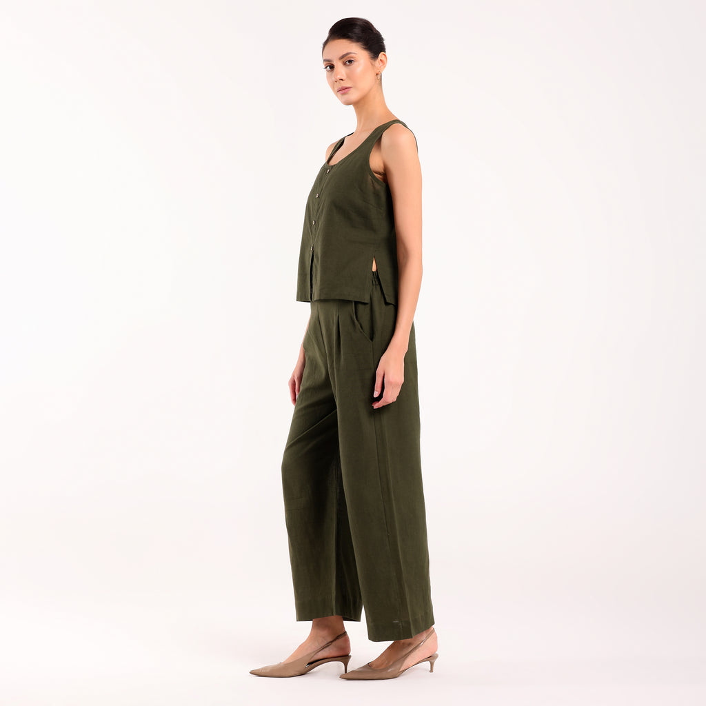 Sukoon- Linen Sleevless Coord Set Olive