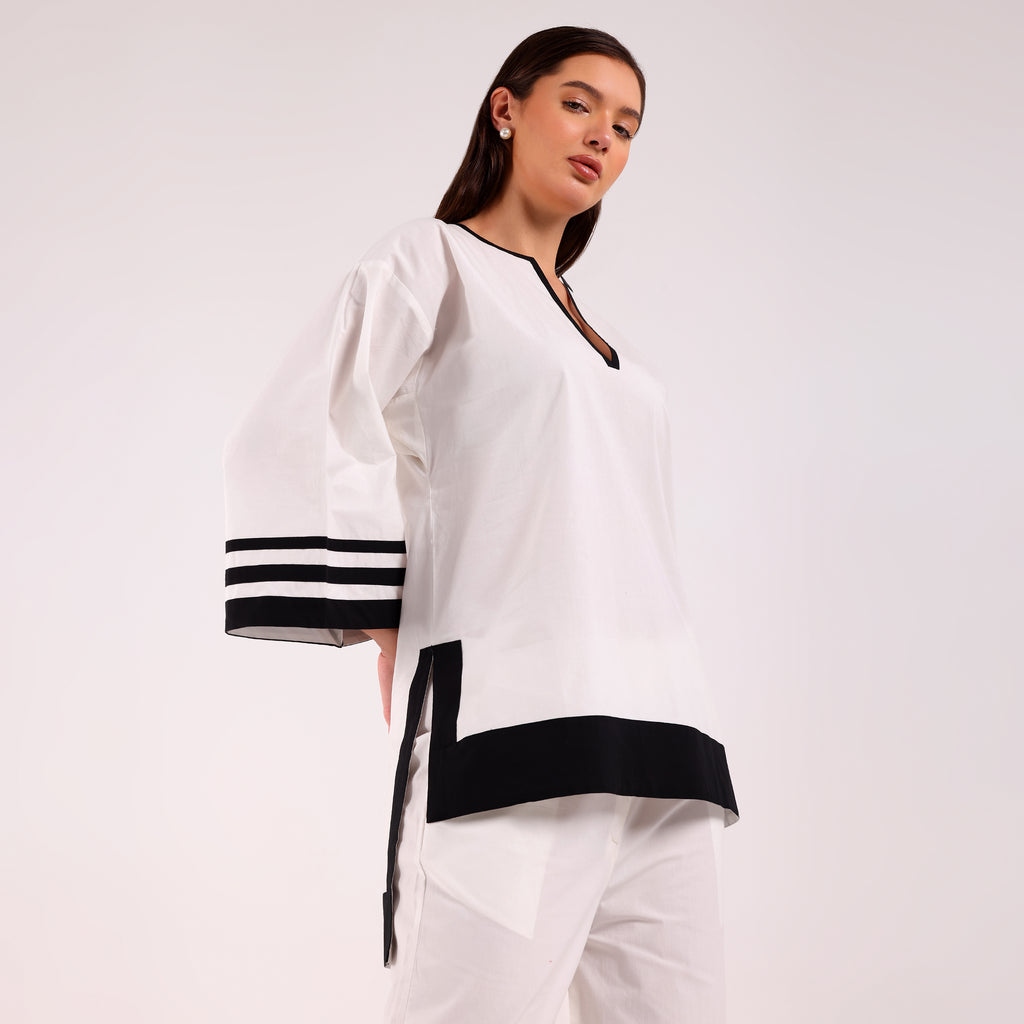 Naya- Black & White Popline Stripped Kurta Set