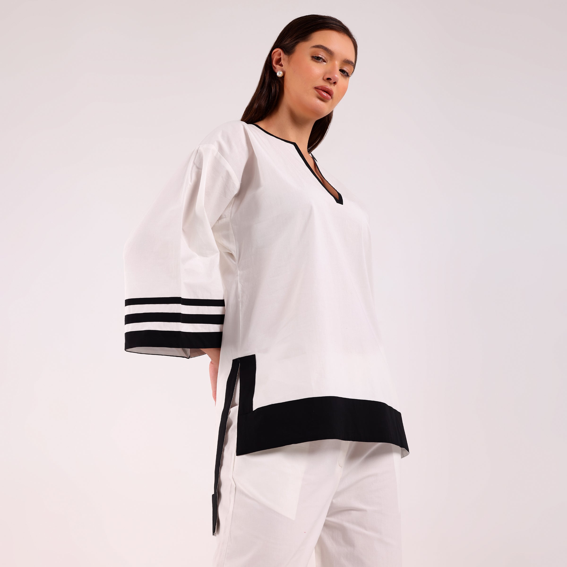 Naya- Black & White Popline Stripped Kurta Set