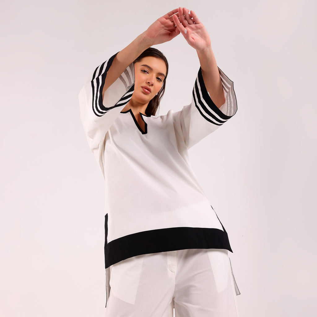 Naya- Black & White Popline Stripped Kurta Set