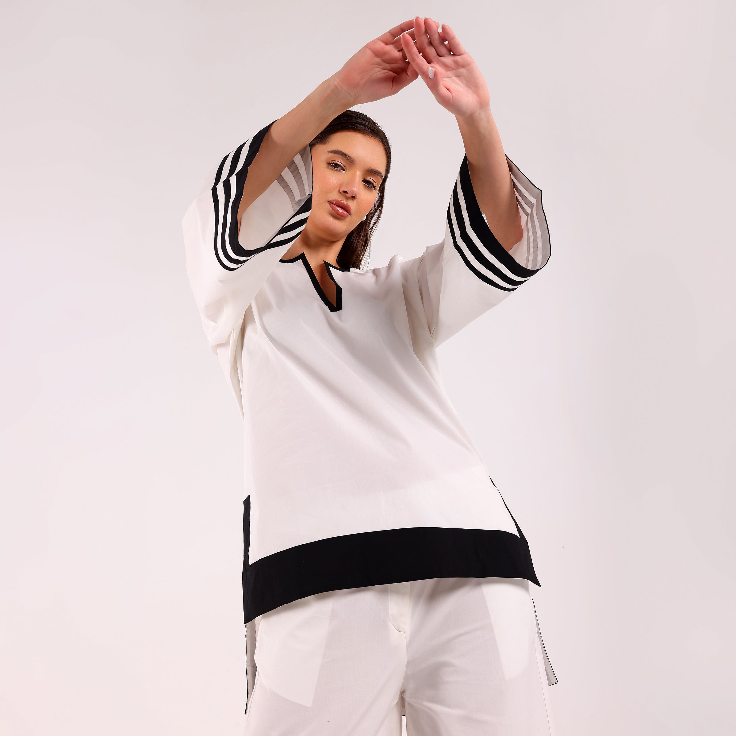 Naya- Black & White Popline Stripped Kurta Set