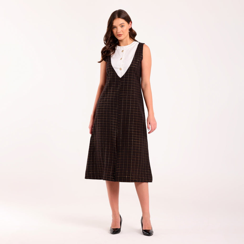 Sukoon- Front Contrast Yoke Golden Check Long Dress