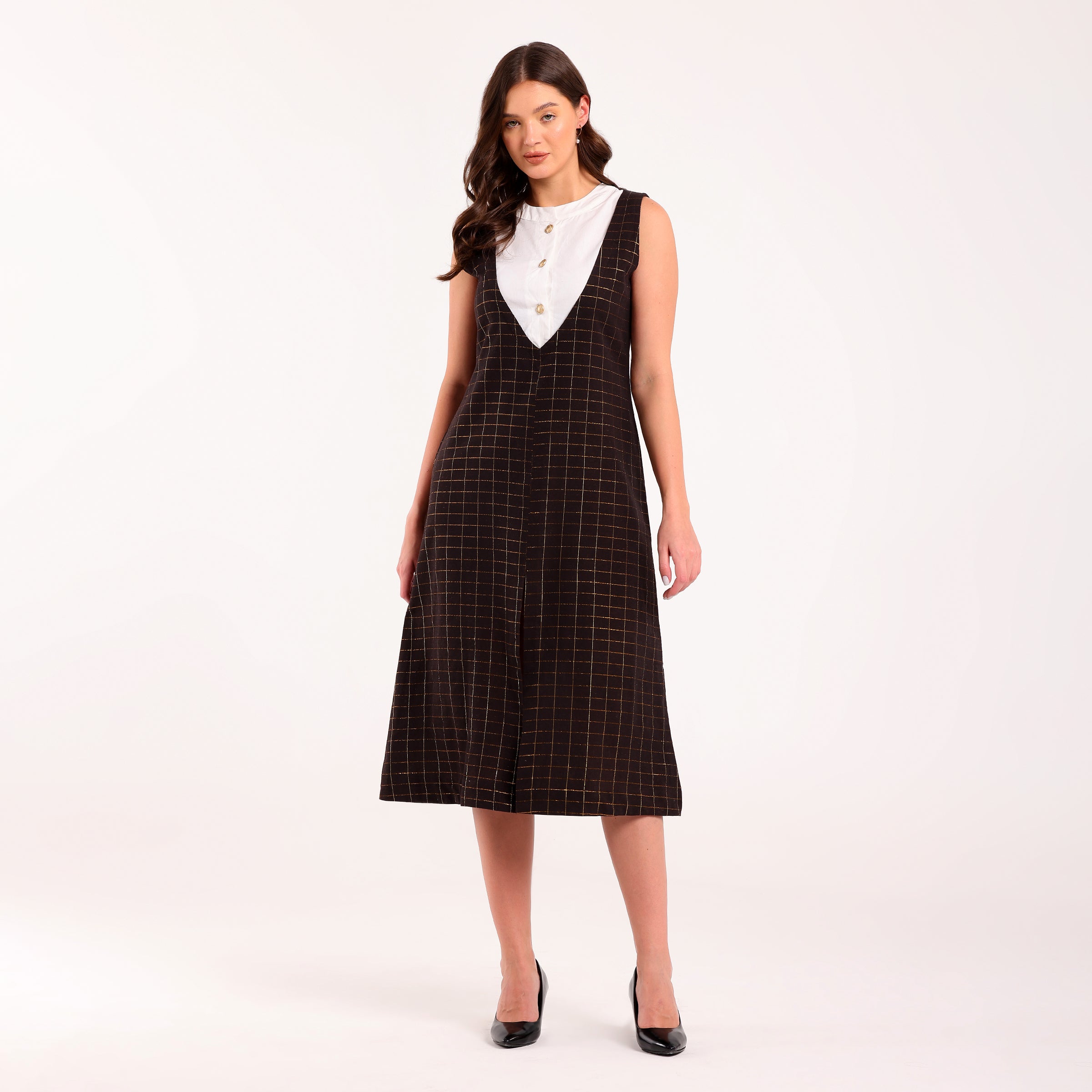 Sukoon- Front Contrast Yoke Golden Check Long Dress