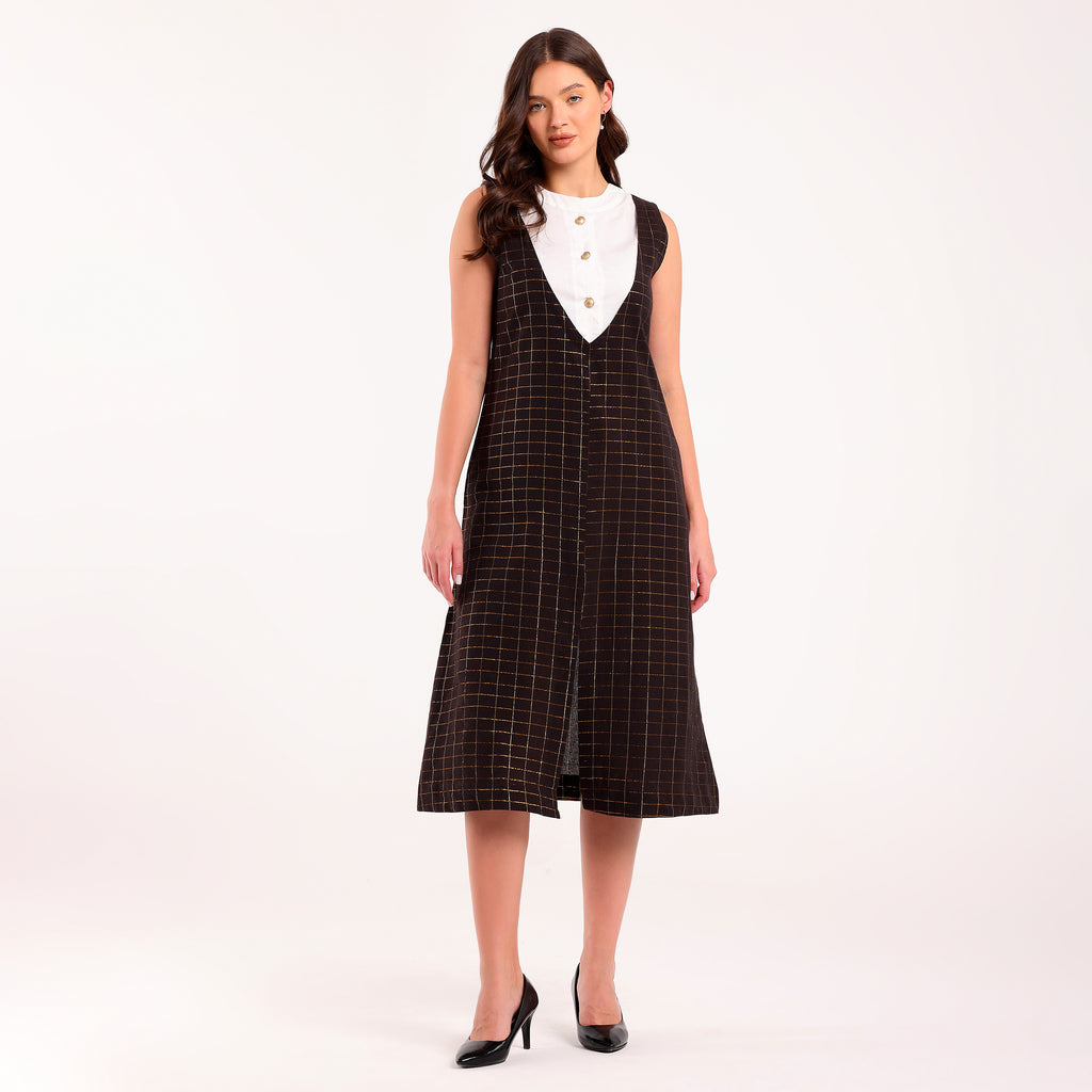 Sukoon- Front Contrast Yoke Golden Check Long Dress