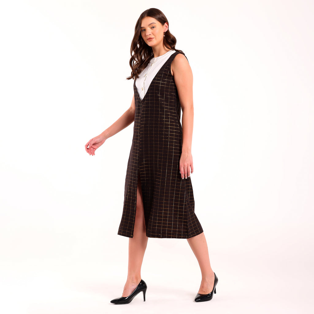 Sukoon- Front Contrast Yoke Golden Check Long Dress
