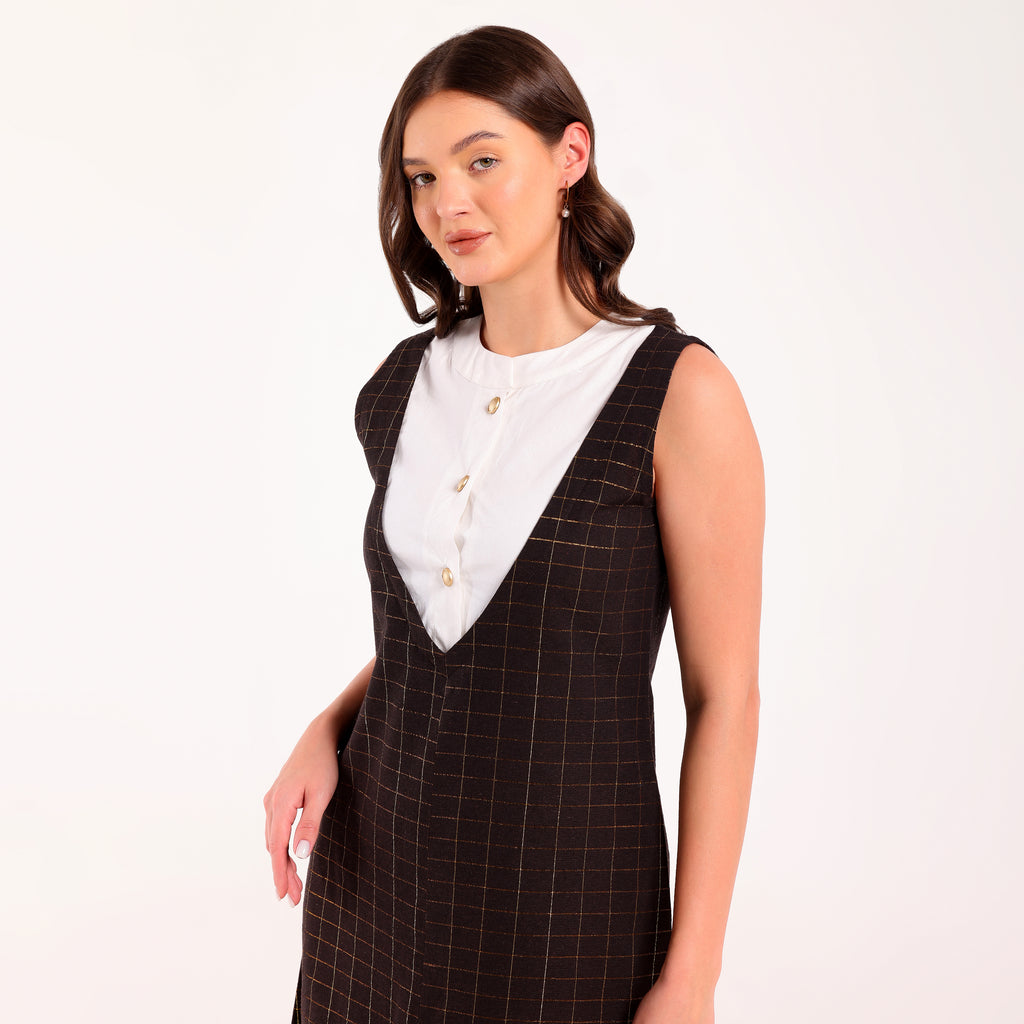 Sukoon- Front Contrast Yoke Golden Check Long Dress