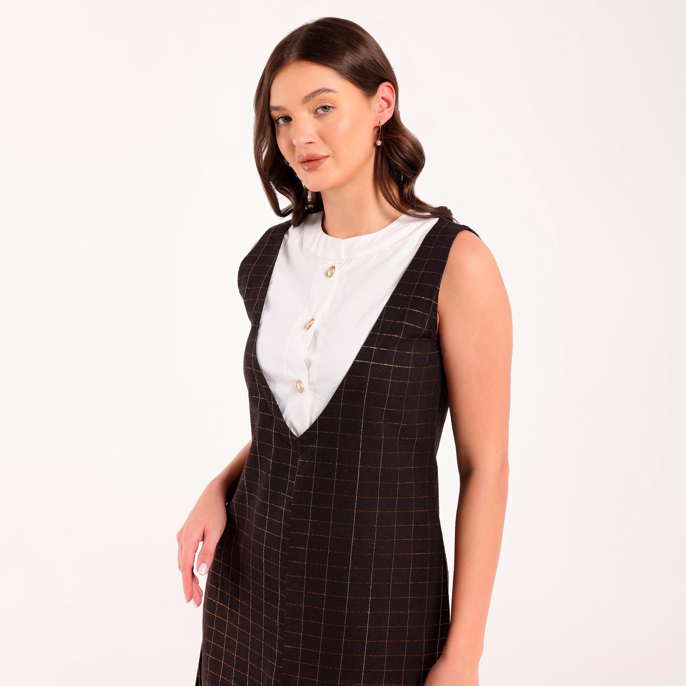 Sukoon- Front Contrast Yoke Golden Check Long Dress