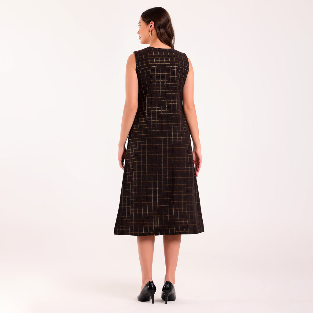 Sukoon- Front Contrast Yoke Golden Check Long Dress