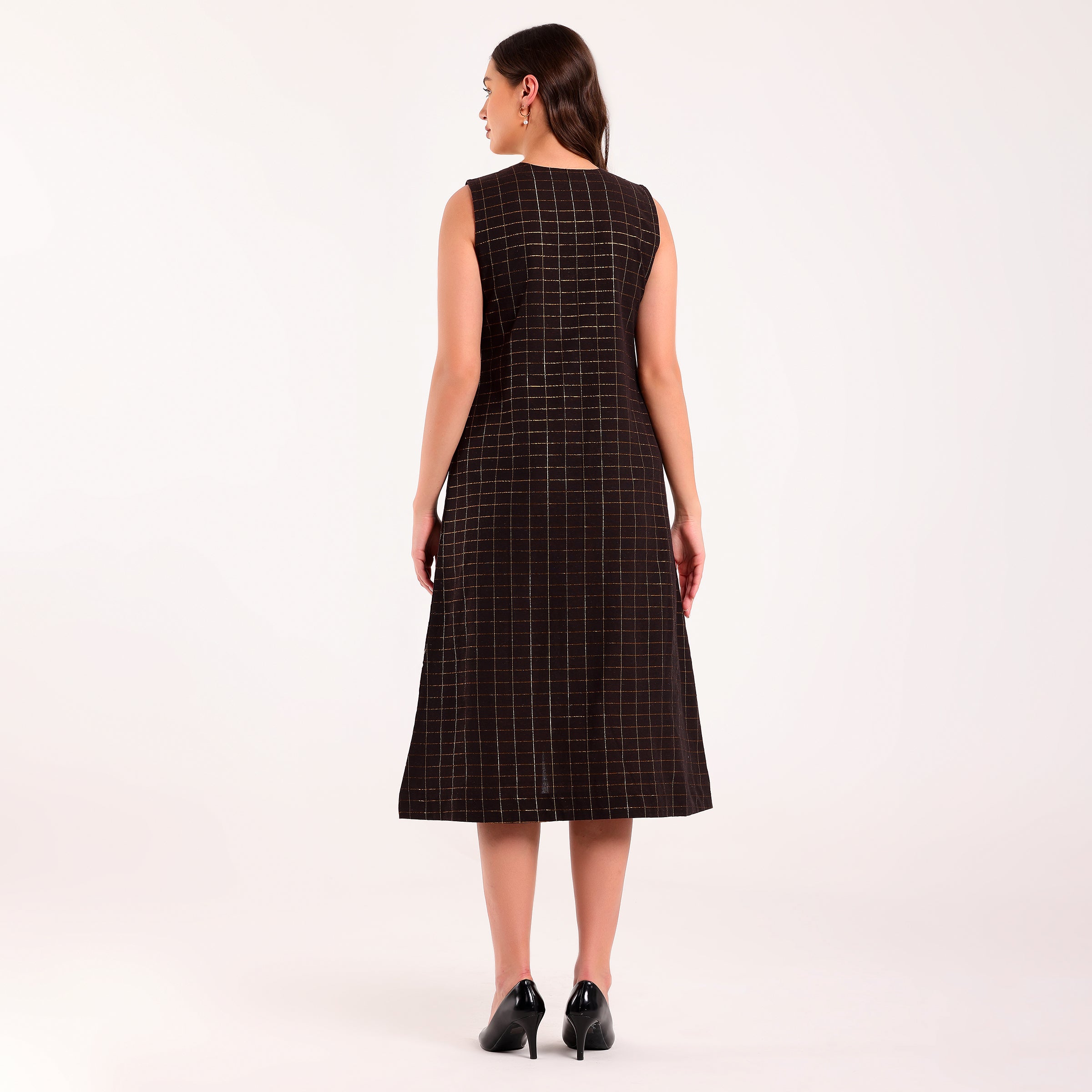 Sukoon- Front Contrast Yoke Golden Check Long Dress