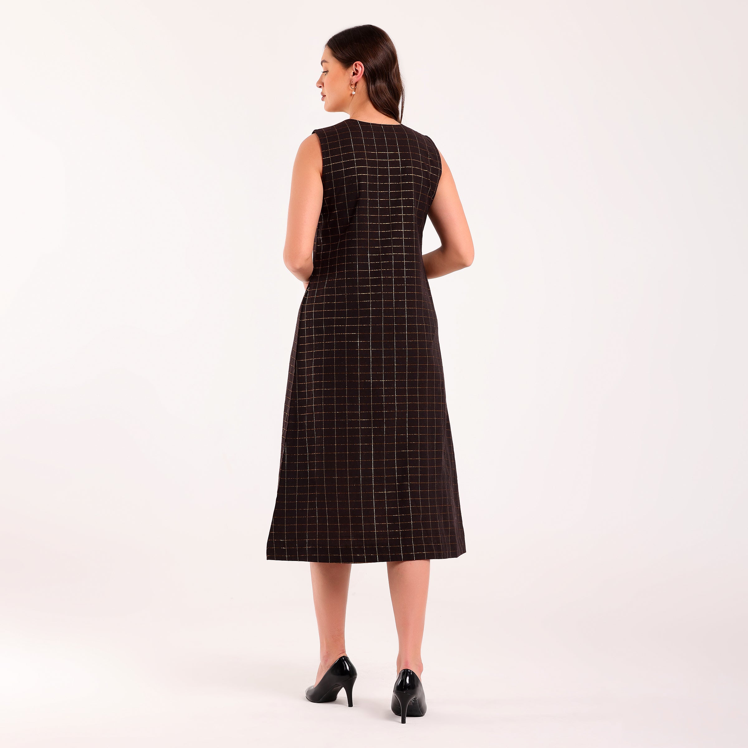 Sukoon- Front Contrast Yoke Golden Check Long Dress
