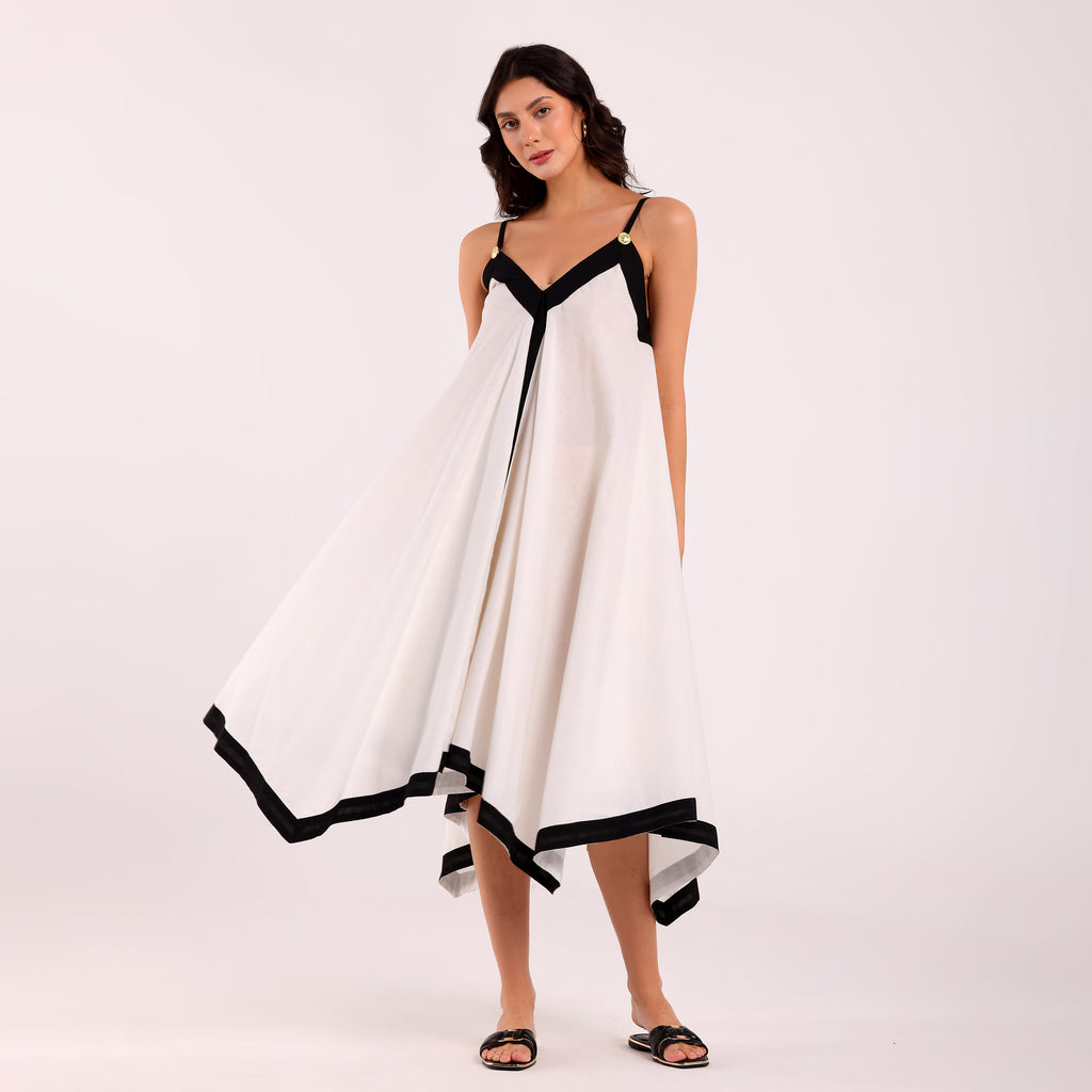 Naya- Balck And White Golden Button Flowy Dress
