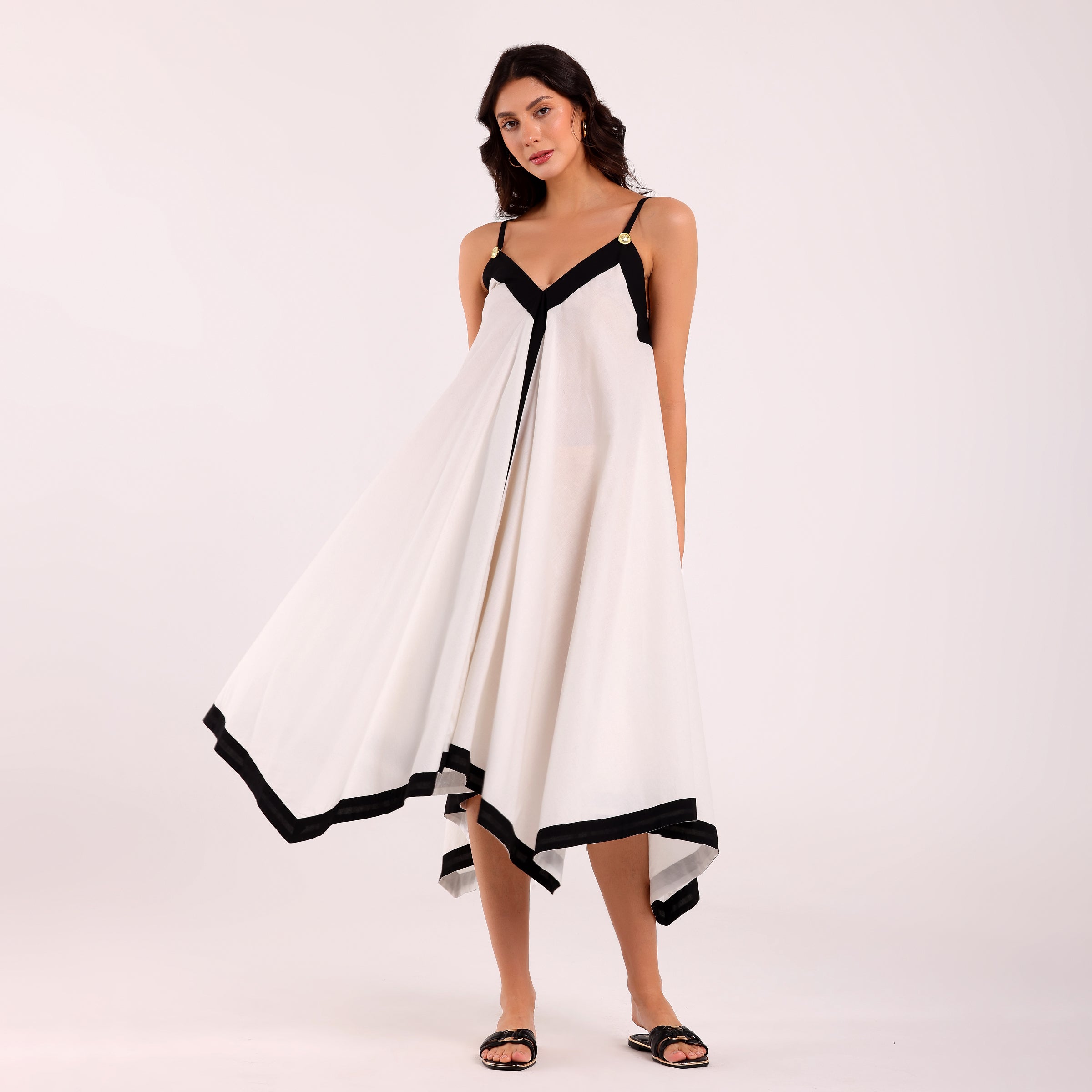 Naya- Balck And White Golden Button Flowy Dress