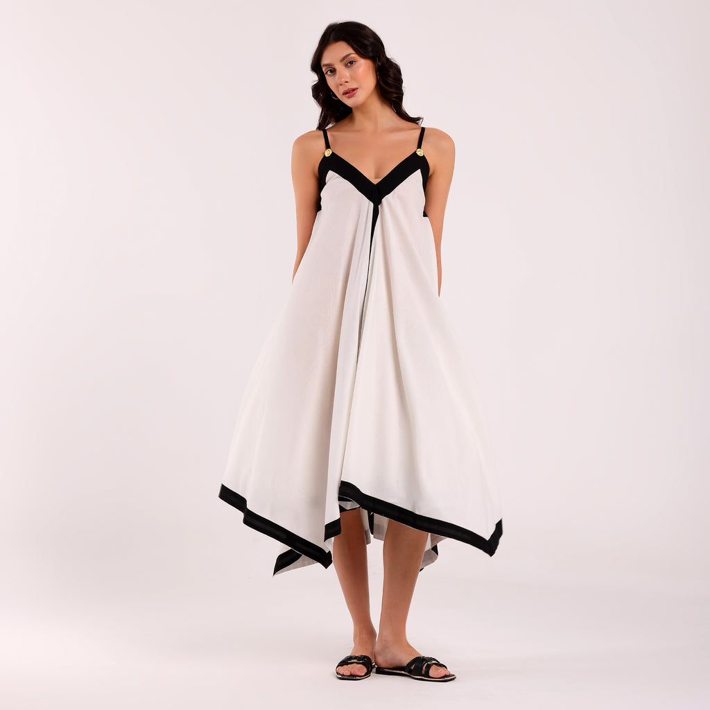 Naya- Balck And White Golden Button Flowy Dress