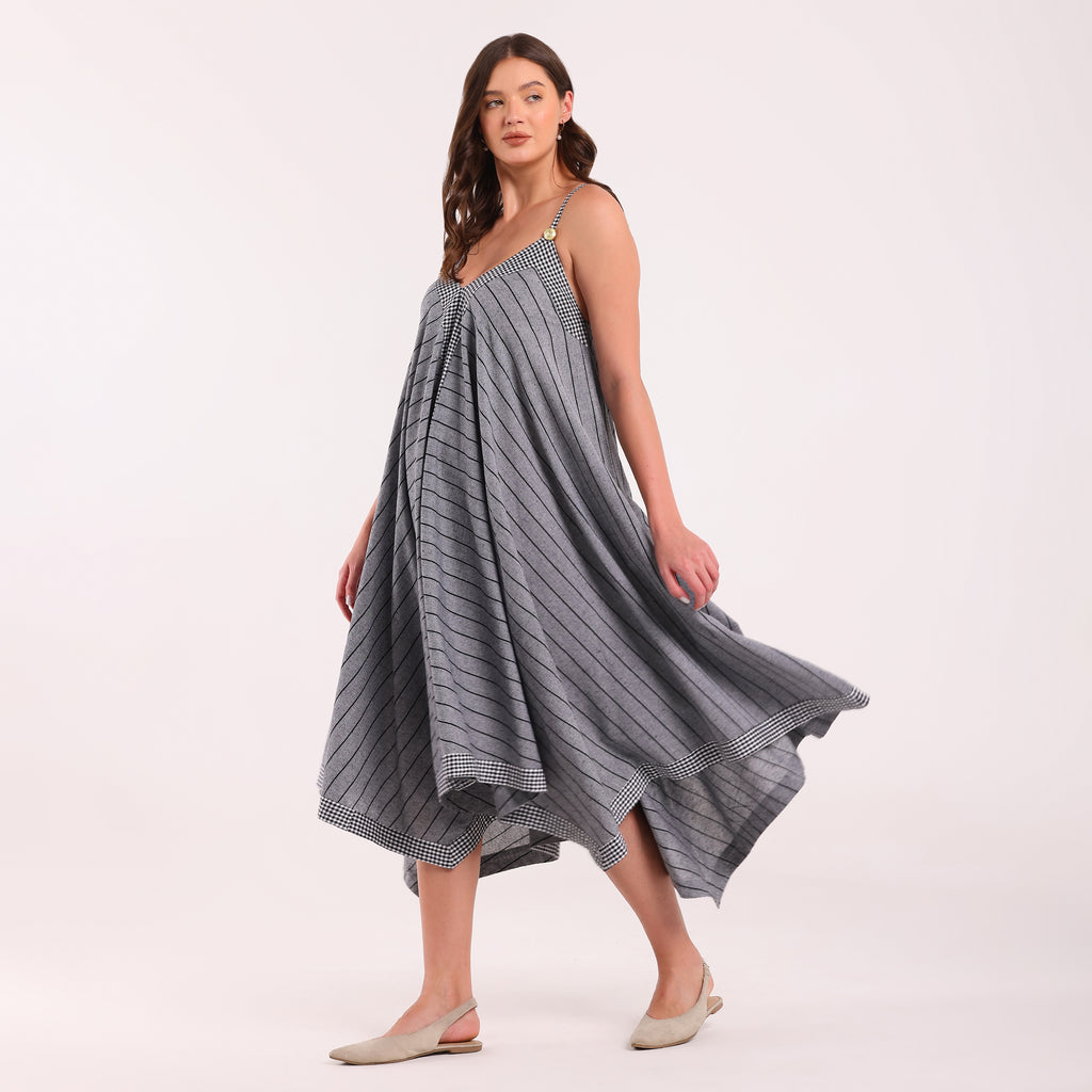 Naya- Grey Golden Button Flowy Dresss