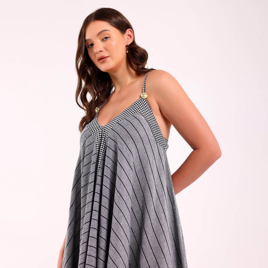 Naya- Grey Golden Button Flowy Dresss