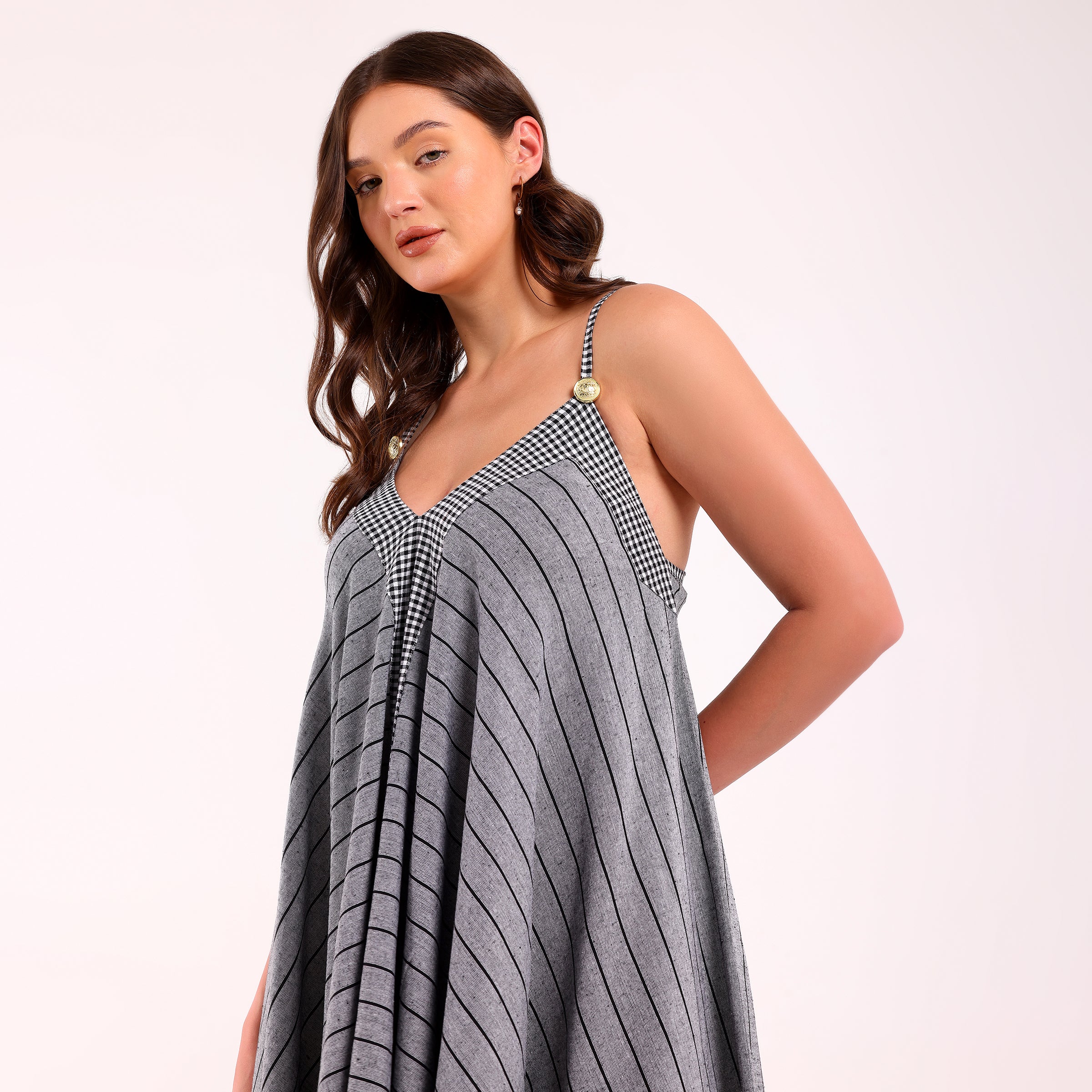 Naya- Grey Golden Button Flowy Dresss