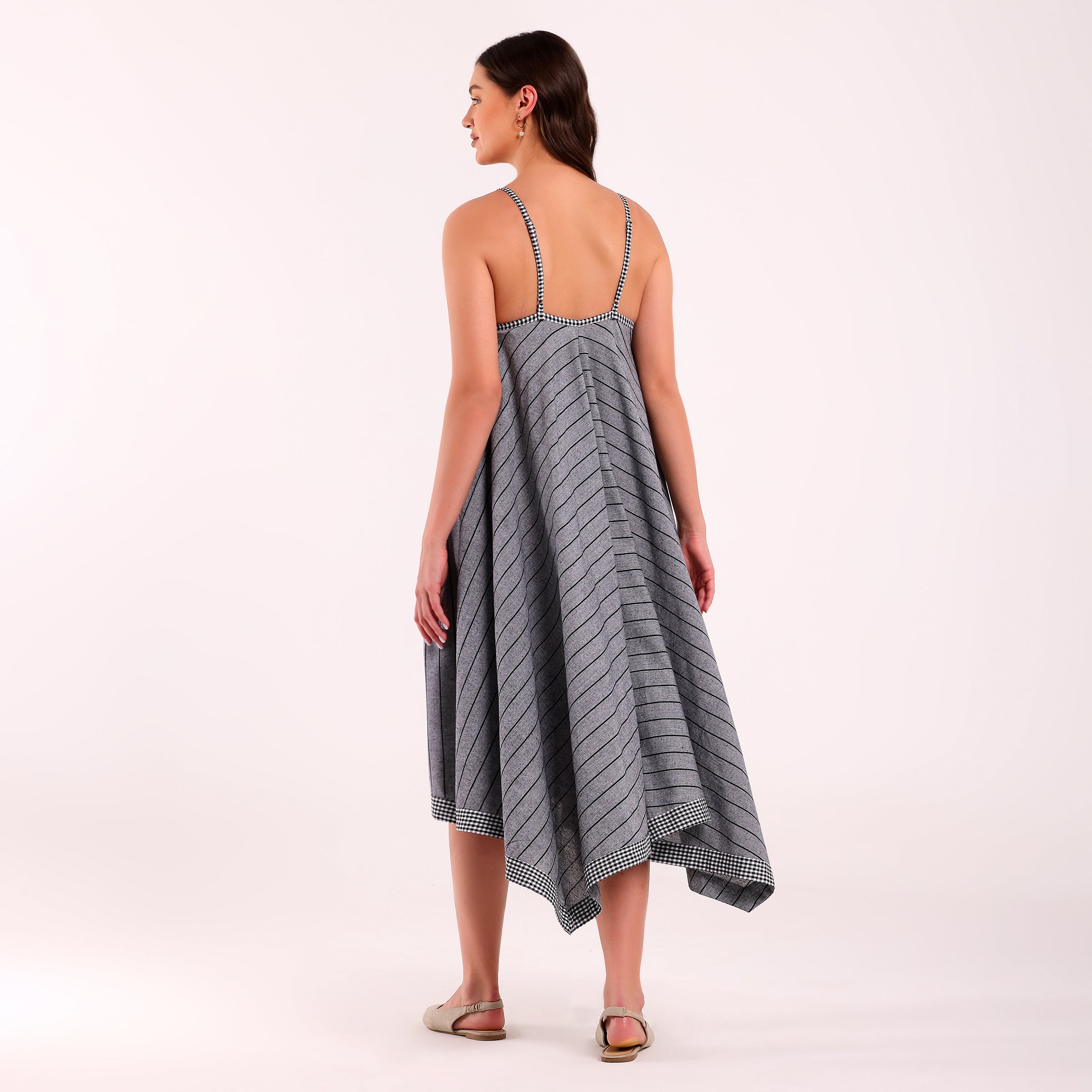 Naya- Grey Golden Button Flowy Dresss