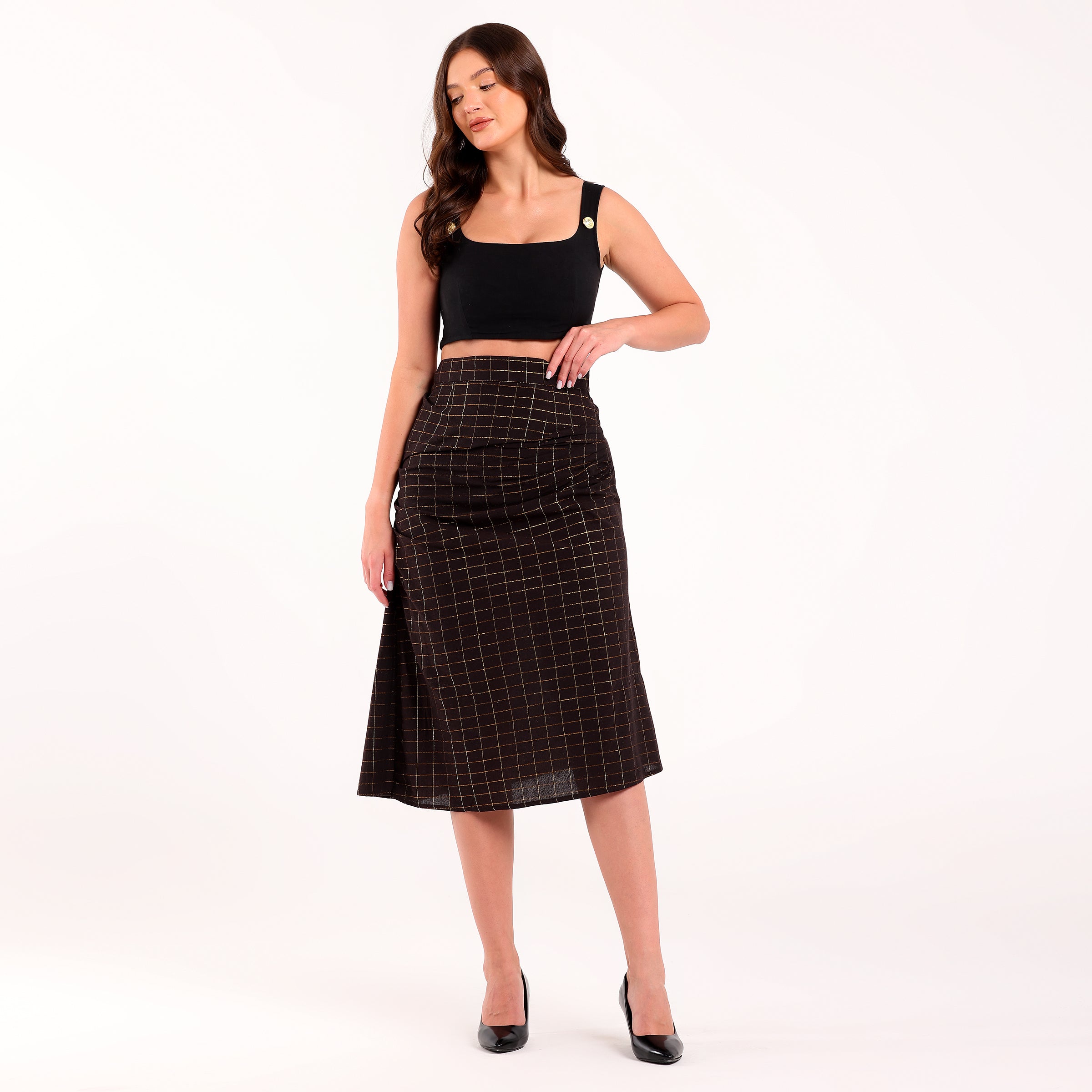 Naya-Golden Checked Pleated Skirt