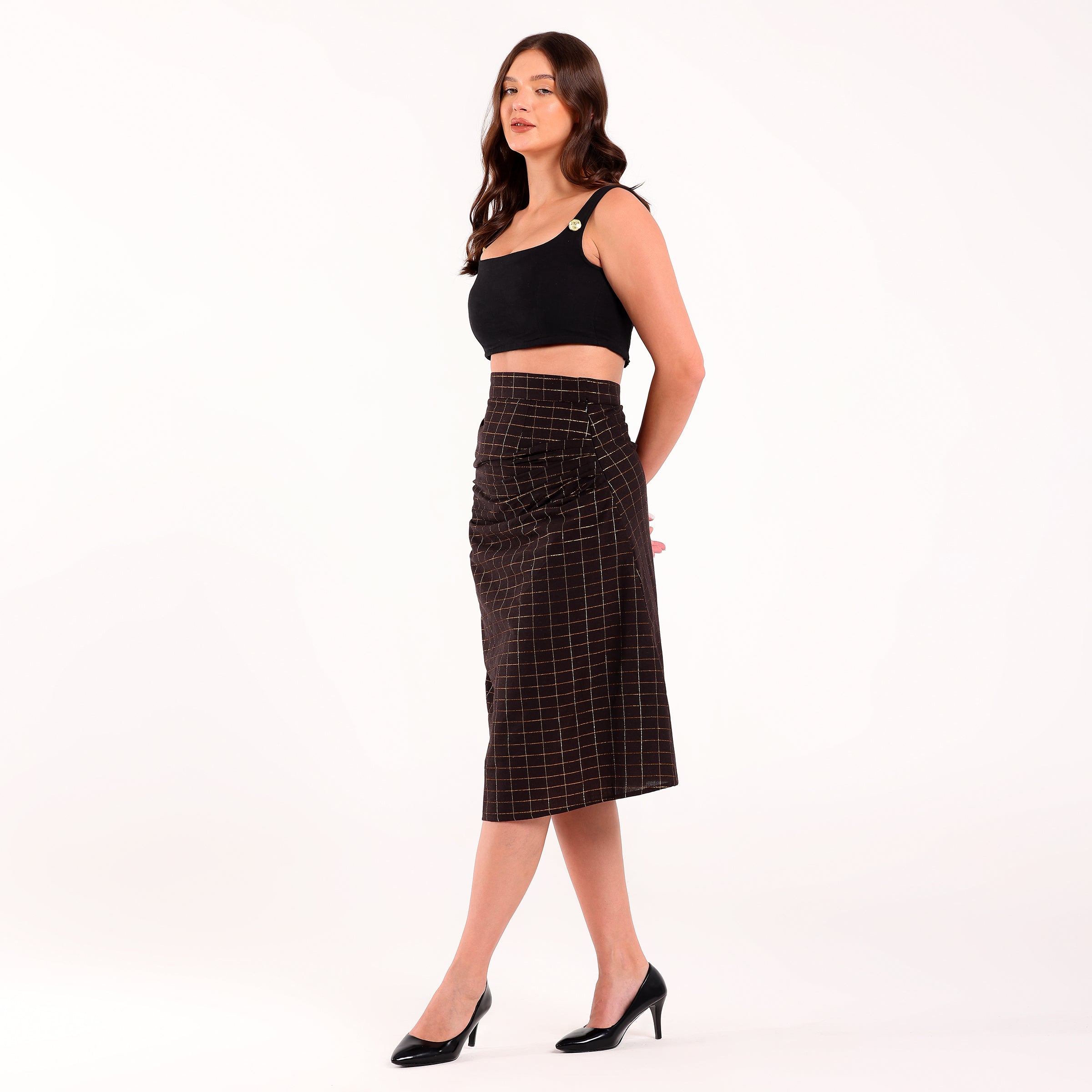 Naya-Golden Checked Pleated Skirt