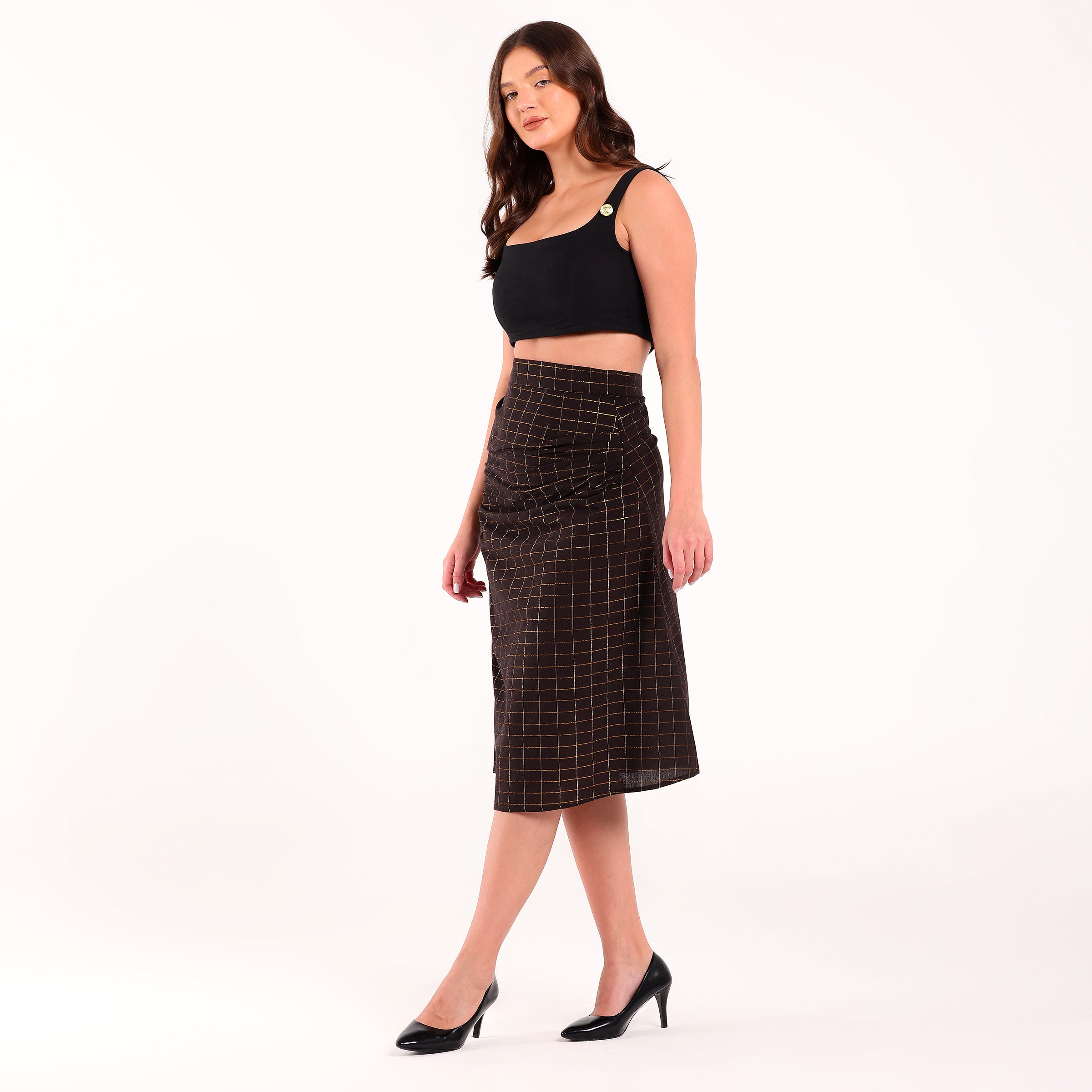 Naya-Golden Checked Pleated Skirt