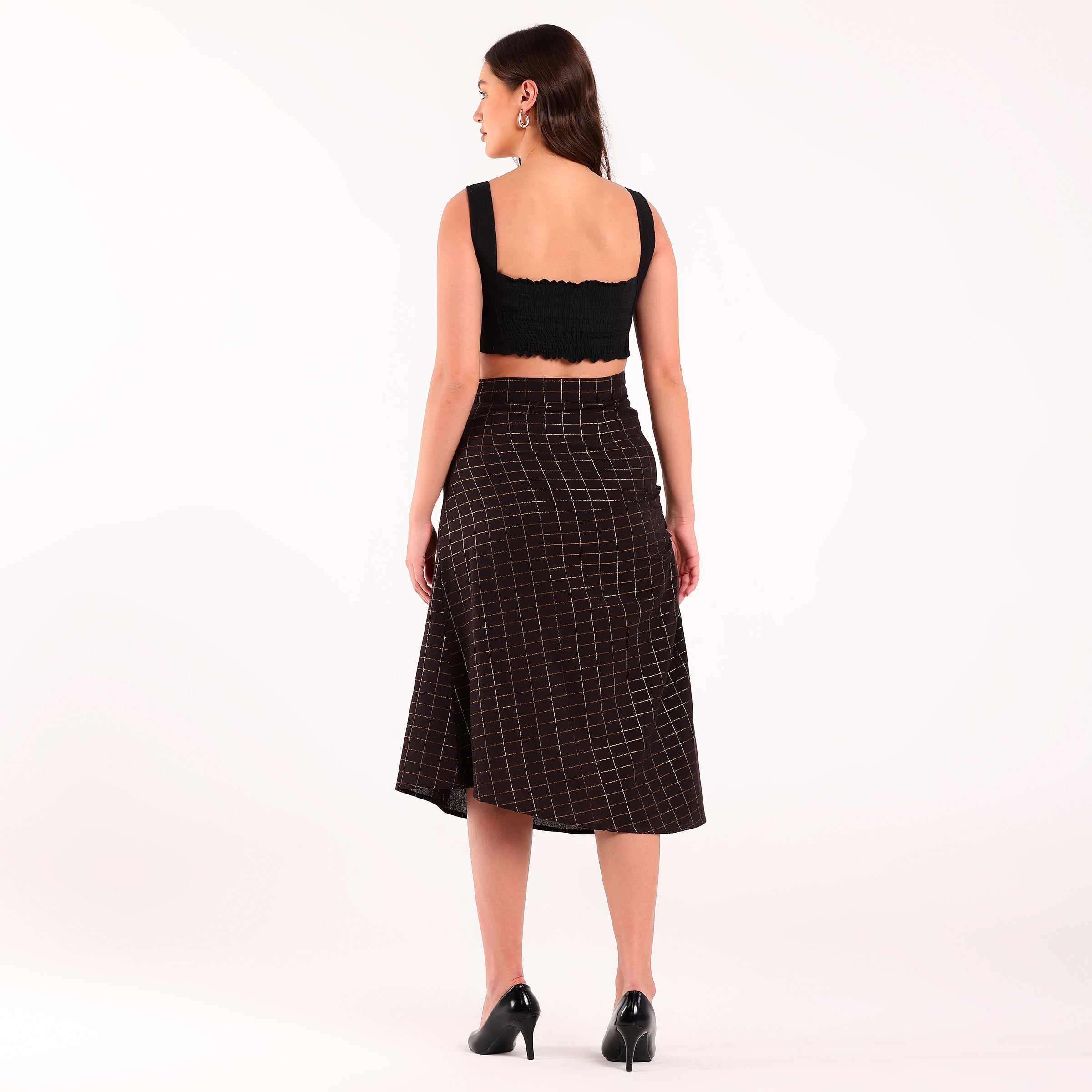 Naya-Golden Checked Pleated Skirt