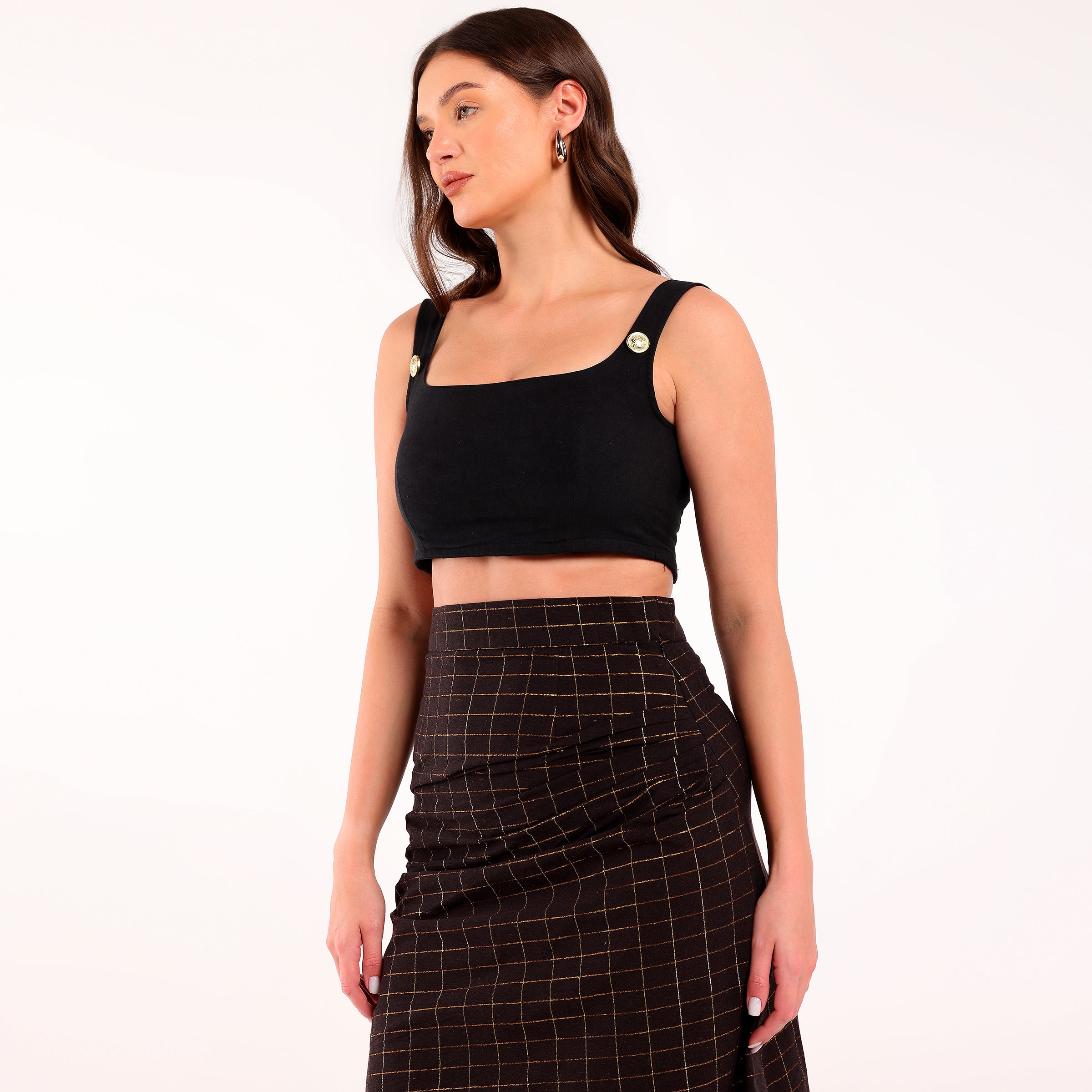 Naya-Golden Checked Pleated Skirt