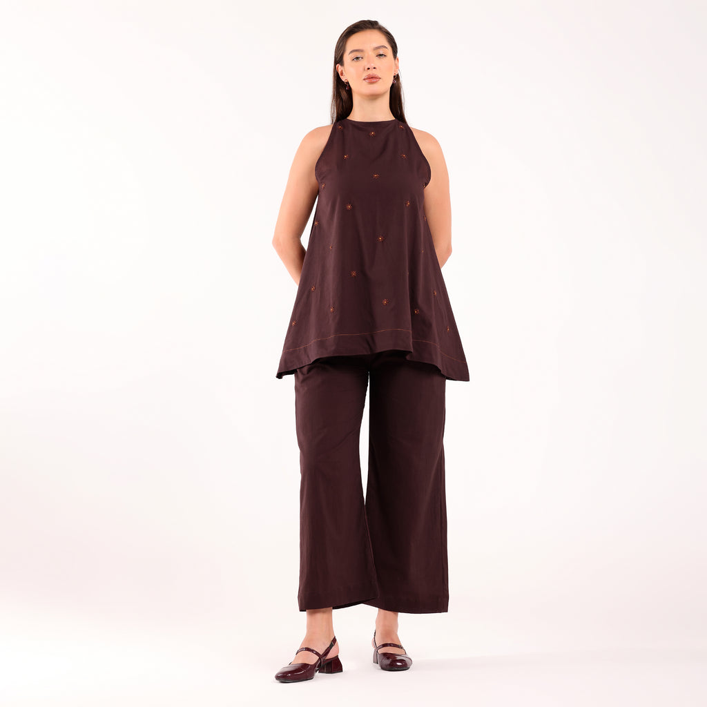 Sukoon- Flower Embroidered Coord Set Coffee