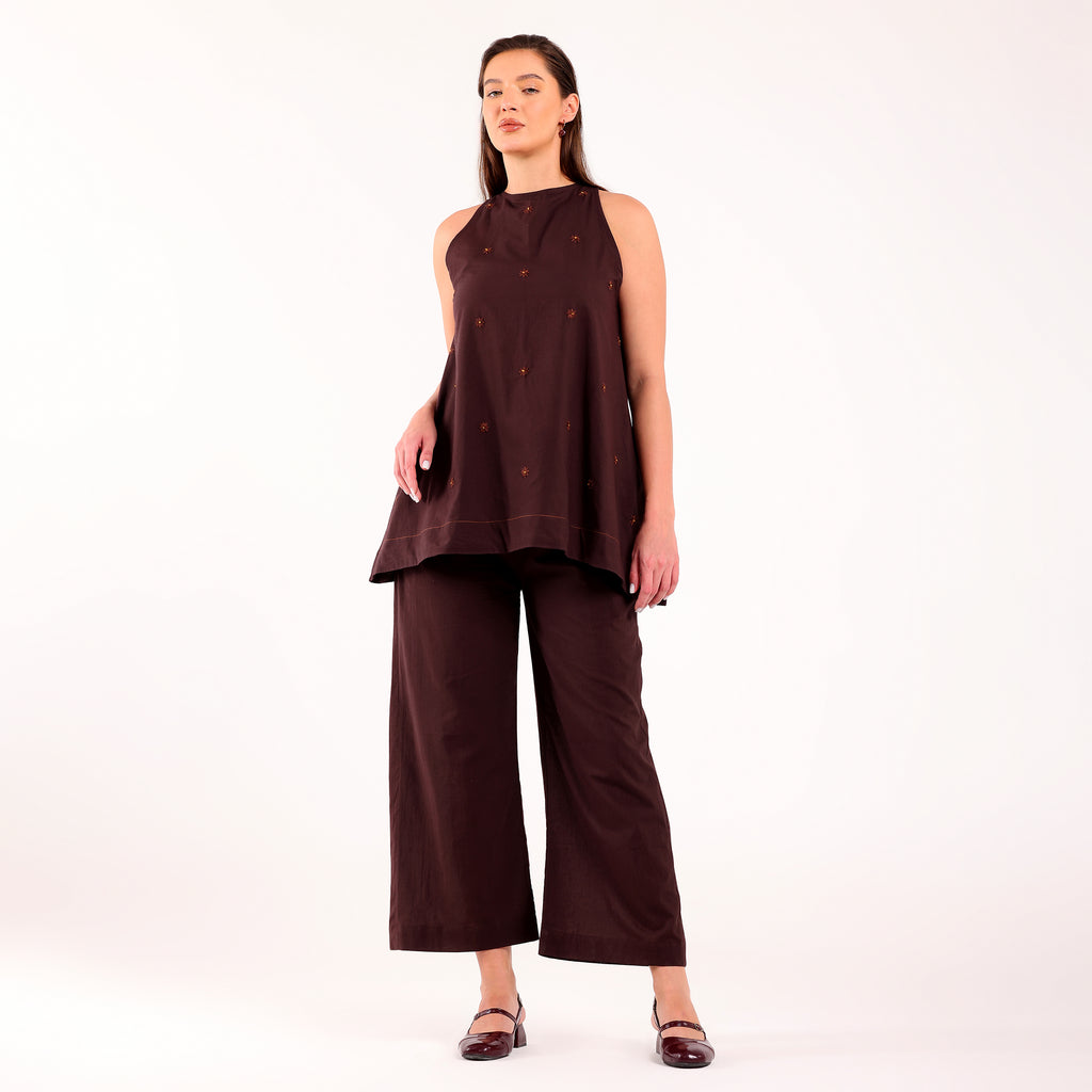 Sukoon- Flower Embroidered Coord Set Coffee