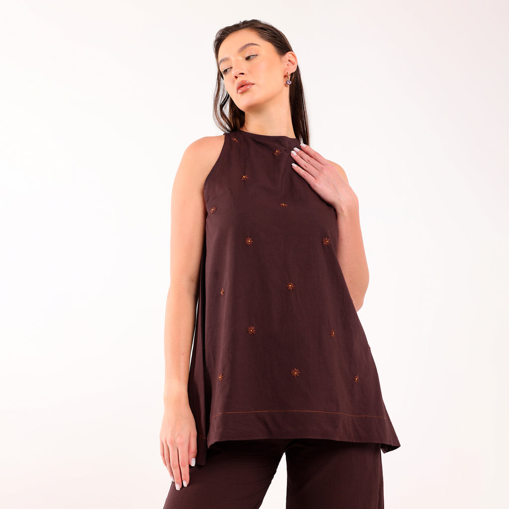 Sukoon- Flower Embroidered Coord Set Coffee
