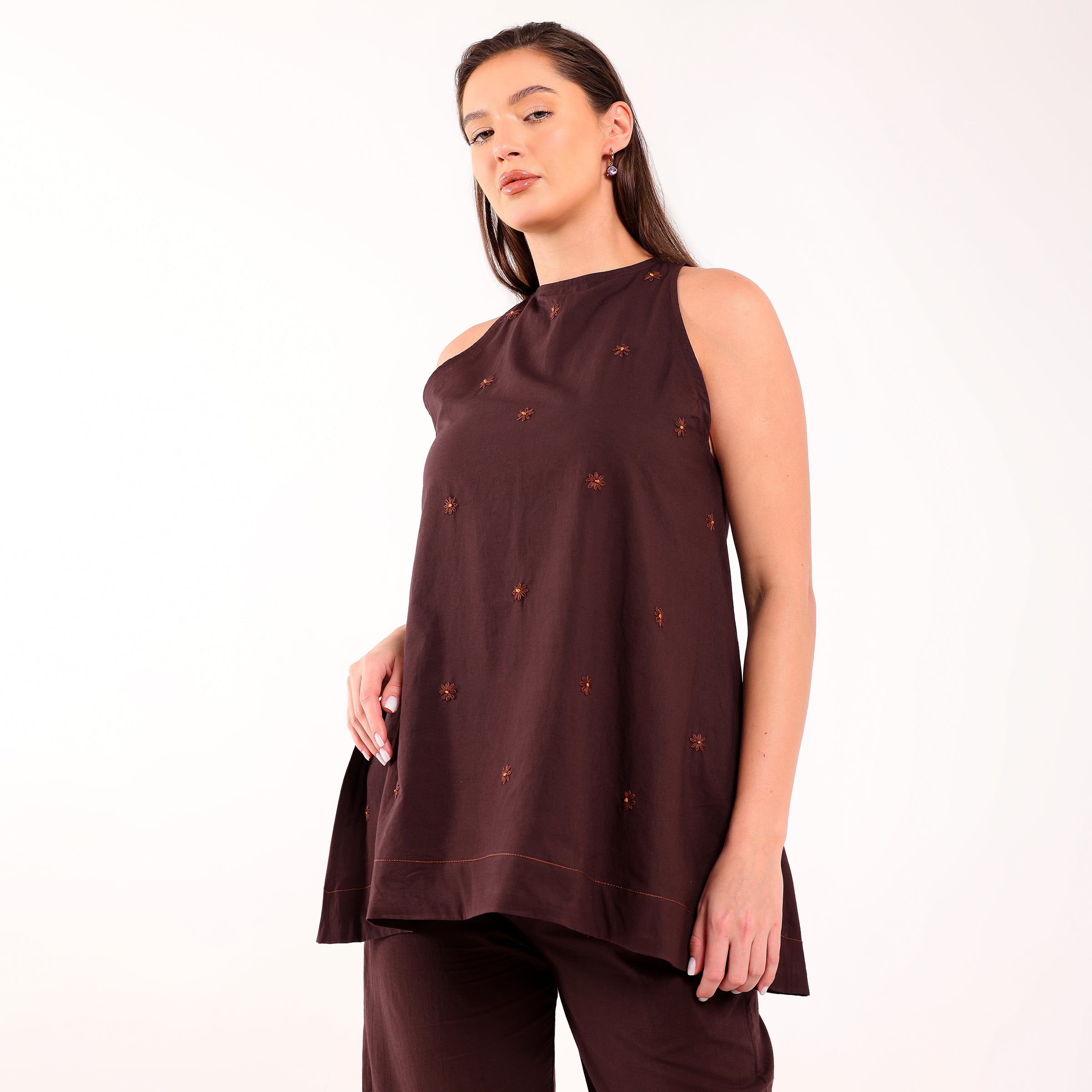 Sukoon- Flower Embroidered Coord Set Coffee